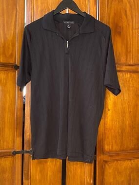 Via Europa Men's Black Textured Quarter Zip Polo Shirt Medium Short Sleeve